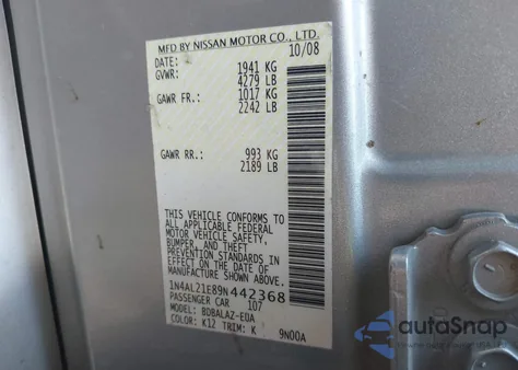 2009 Nissan Altima 2.5 z USA, uszkodzony, nr VIN 1N4AL21E89N442368